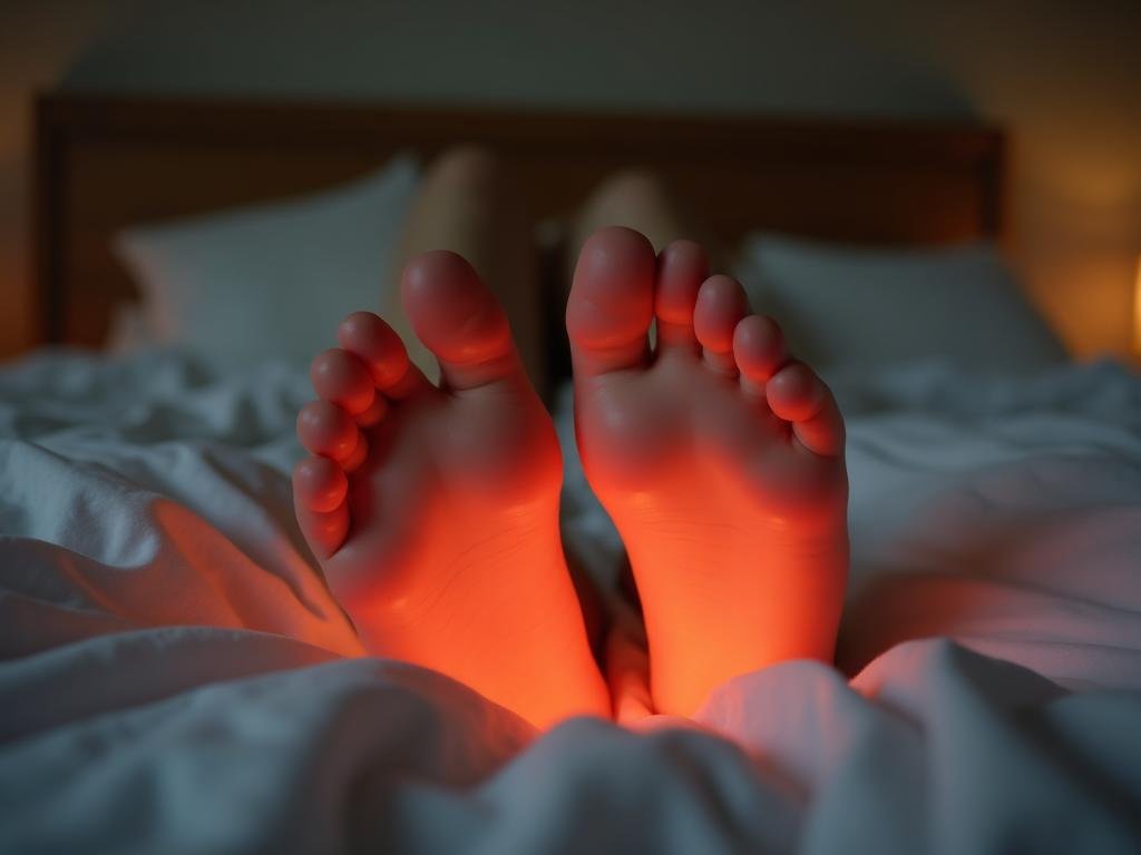 Close-up of feet on bed representing burning sensation