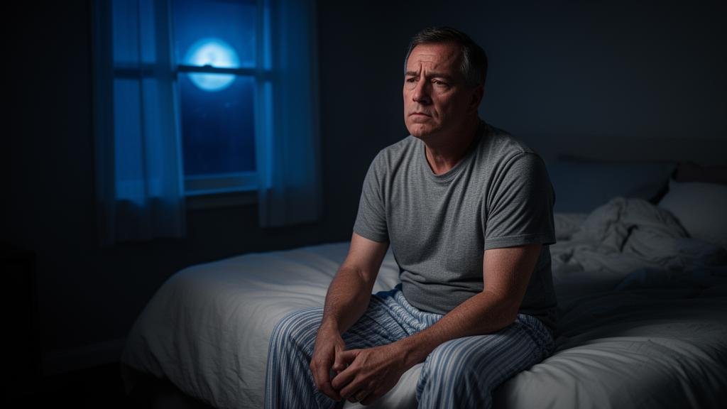 Man sitting on the edge of the bed at night, looking thoughtful