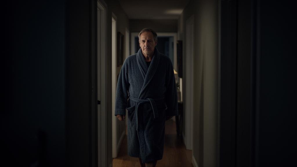 Man walking down the hallway at night